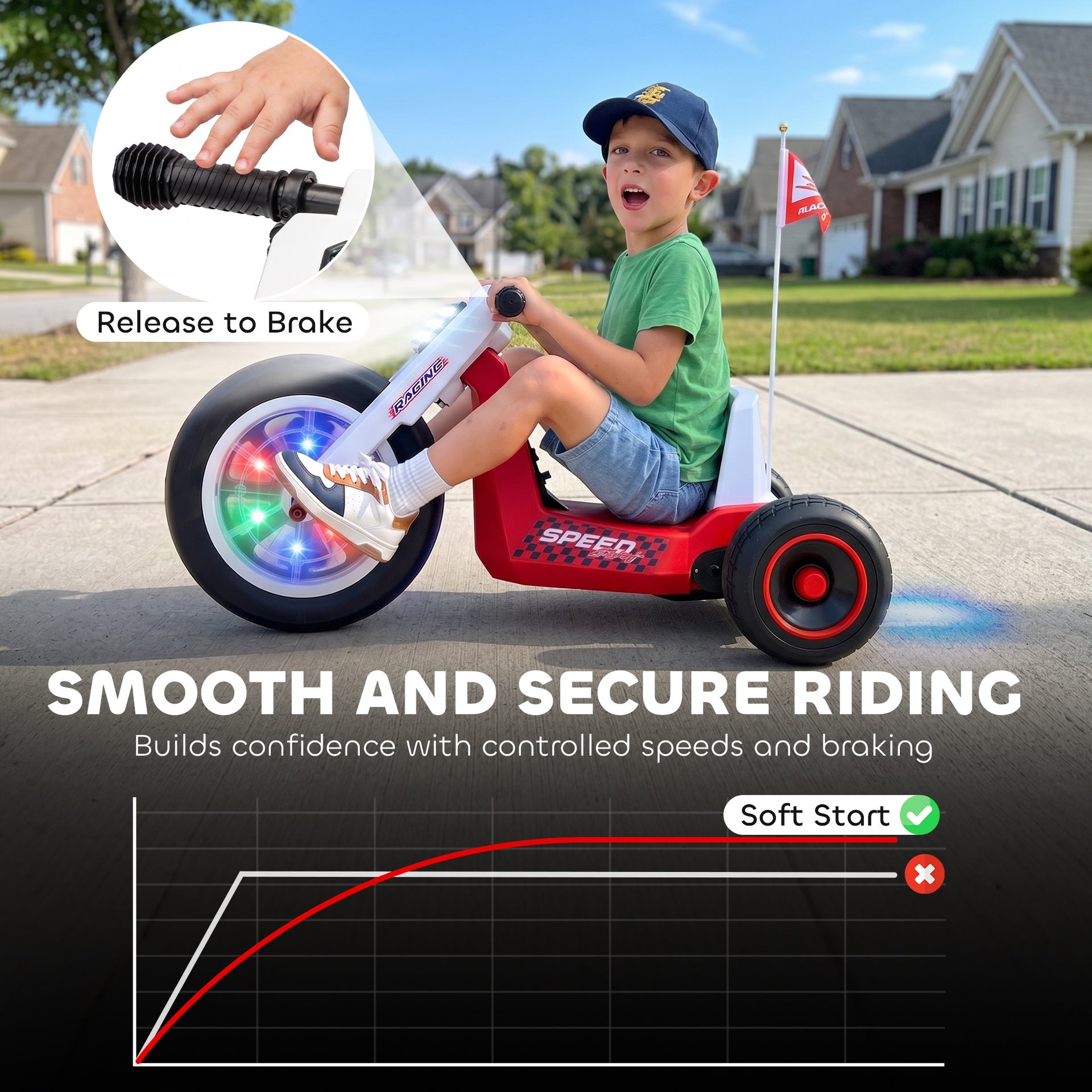 Qaba 12V Electric Car for Kids, Electric Ride On Tricycle with Soft Start, Light-Up Wheel, Adjustable Seat for 3-6, Red