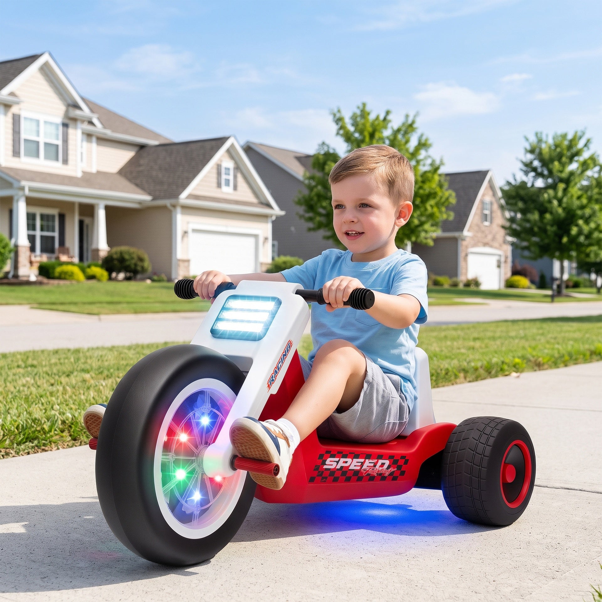 Qaba 12V Electric Car for Kids, Electric Ride On Tricycle with Soft Start, Light-Up Wheel, Adjustable Seat for 3-6, Red