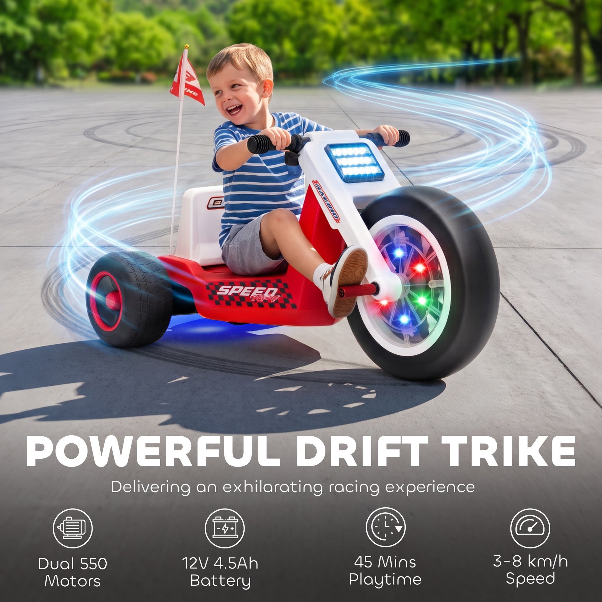 Qaba 12V Electric Car for Kids, Electric Ride On Tricycle with Soft Start, Light-Up Wheel, Adjustable Seat for 3-6, Red