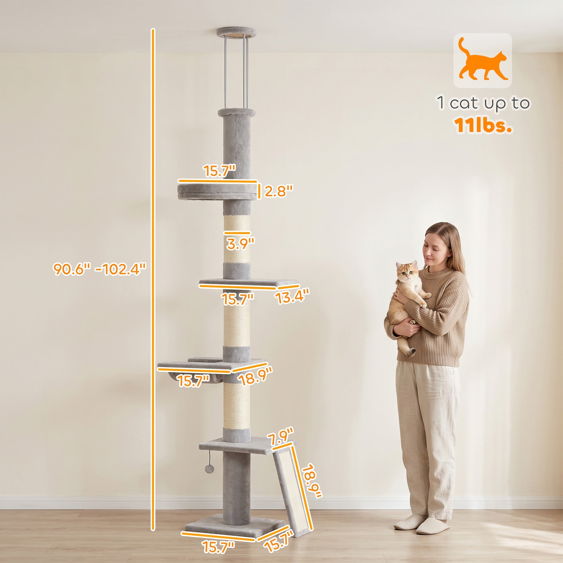 PawHut 90.6" -102.4" Floor-to-Ceiling Cat Tree Adjustable Height with 3-Rod Support, 5-Level Cat Tower, Light Gray