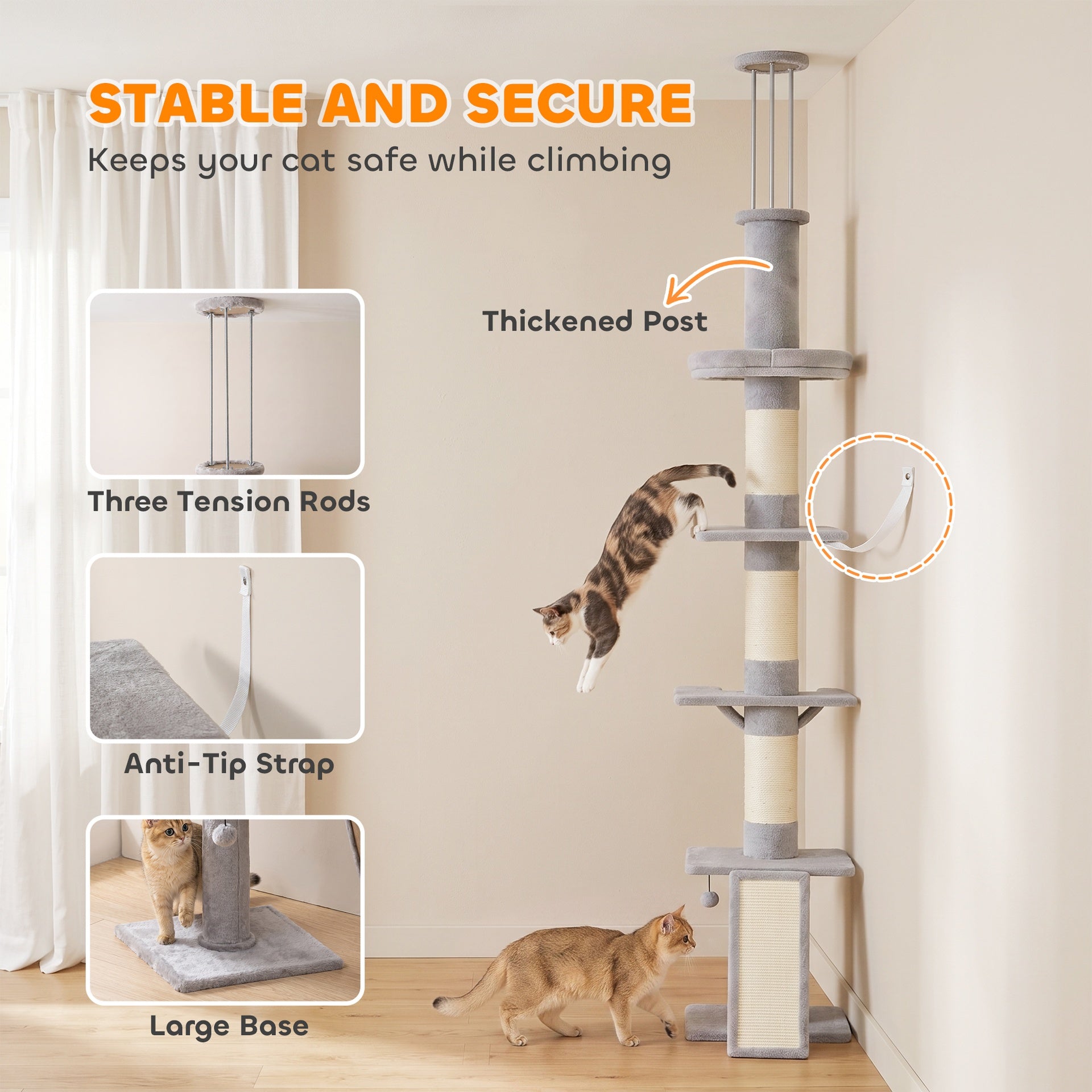 PawHut 90.6" -102.4" Floor-to-Ceiling Cat Tree Adjustable Height with 3-Rod Support, 5-Level Cat Tower, Light Gray