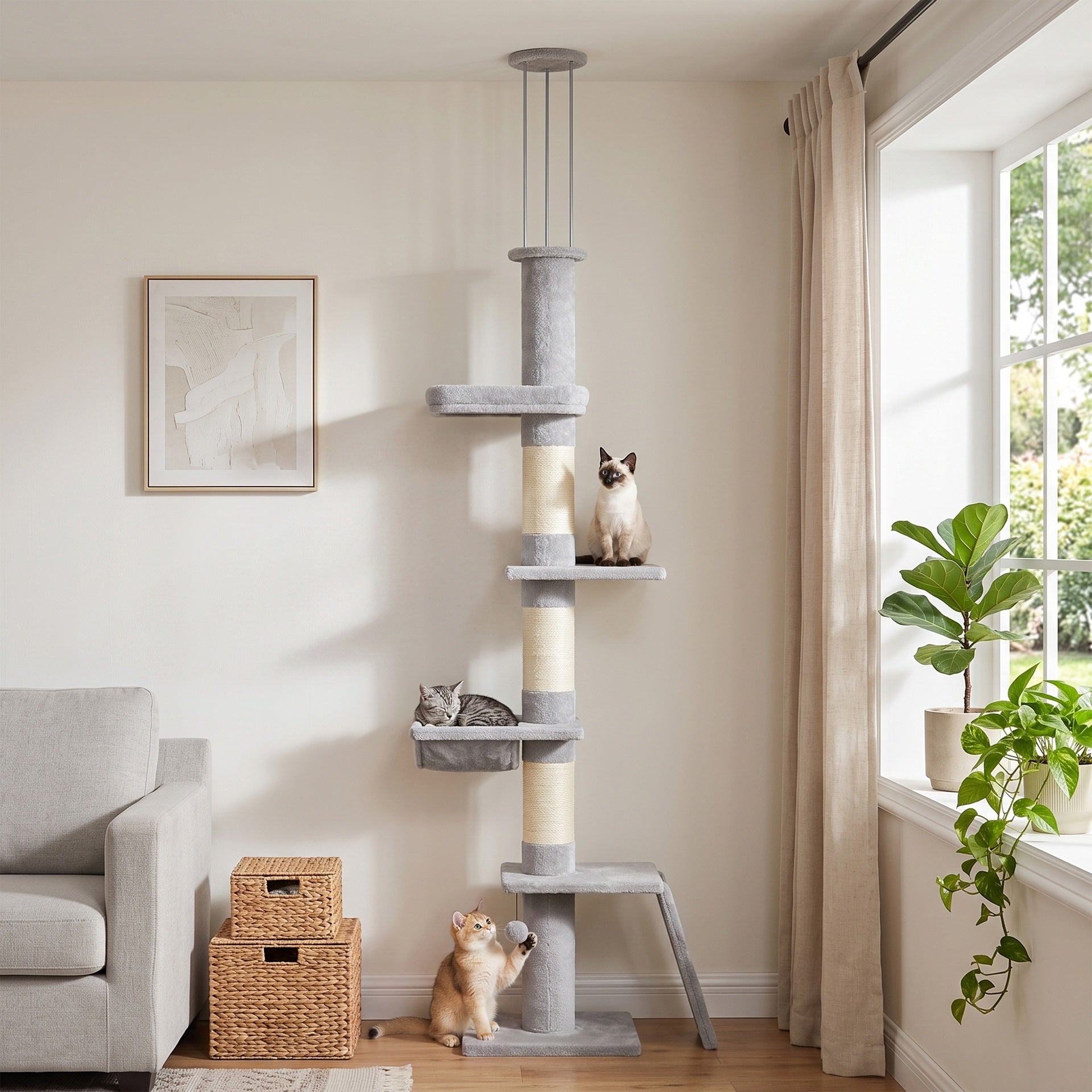 PawHut 90.6" -102.4" Floor-to-Ceiling Cat Tree Adjustable Height with 3-Rod Support, 5-Level Cat Tower, Light Gray