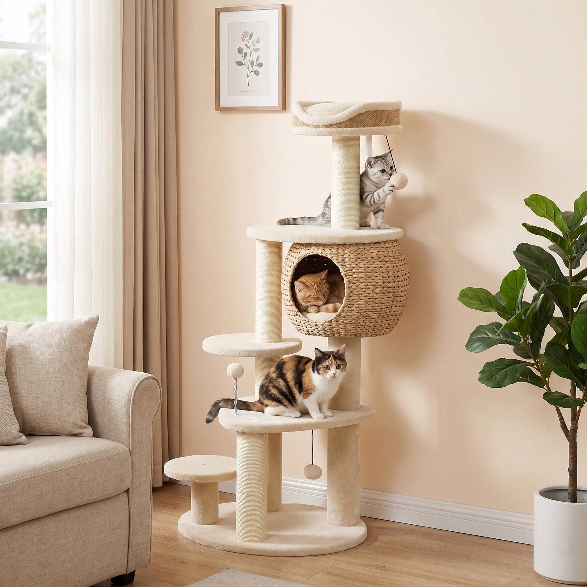 PawHut 52" Cat Tree, Cat Tower with Handwoven Cattail Condo, Bed, Platforms, 3 Scratching Posts and 3 Toy Balls