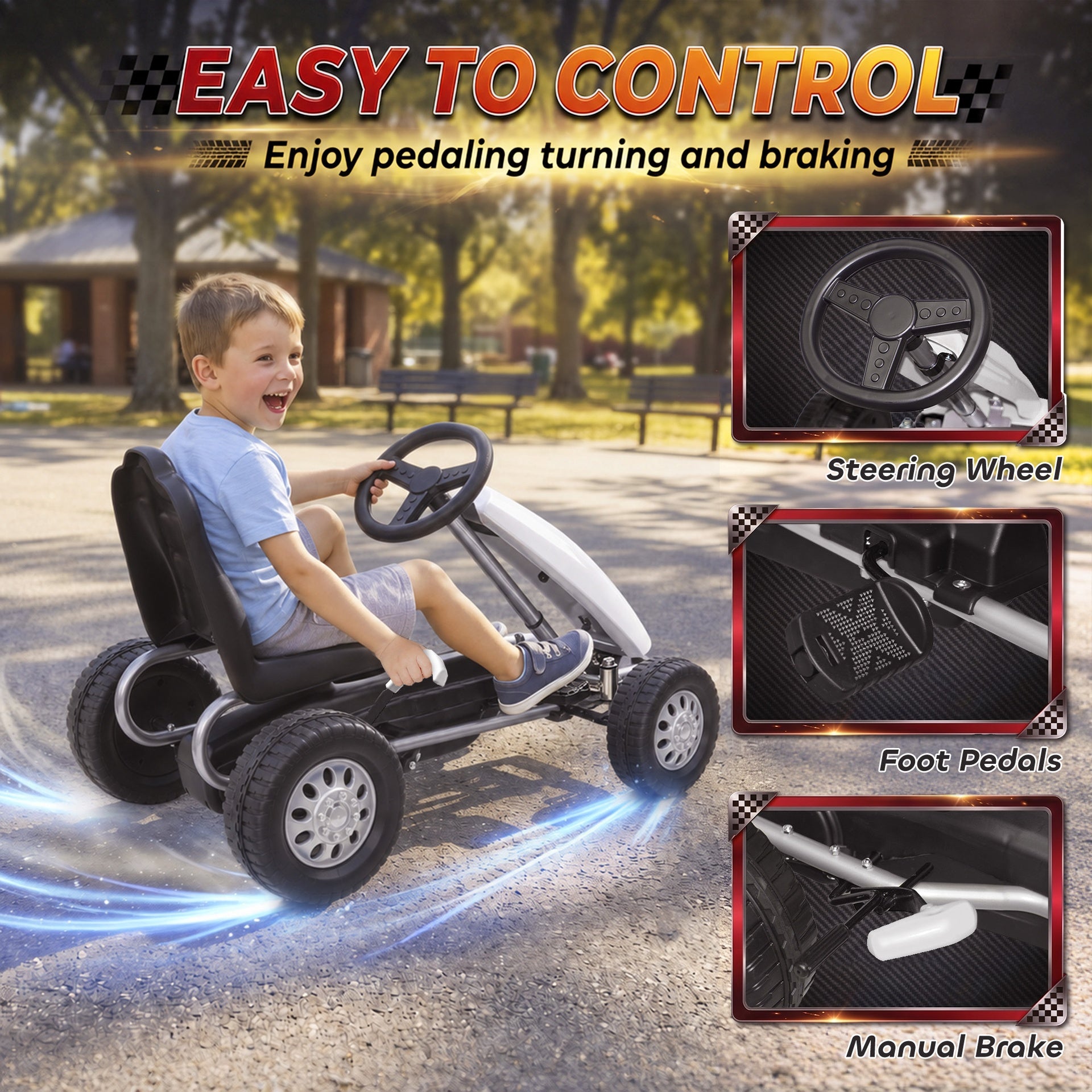 Qaba Lightweight Pedal Go Kart with Steering Wheel, Go Cart Ride on Toy with Adjustable Seat for 3+ Years, White