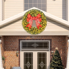 HOMCOM 60in Pre-Lit Christmas Wreath with 3D Red Bow, 11 Lighting Modes, Front Door Christmas Wreath with Remote
