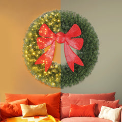 HOMCOM 60in Pre-Lit Christmas Wreath with 3D Red Bow, 11 Lighting Modes, Front Door Christmas Wreath with Remote