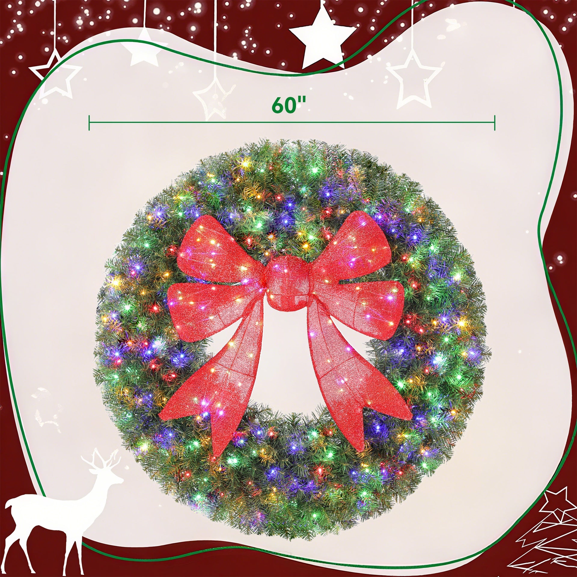 HOMCOM 60in Pre-Lit Christmas Wreath with 3D Red Bow, 11 Lighting Modes, Front Door Christmas Wreath with Remote