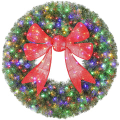 HOMCOM 60in Pre-Lit Christmas Wreath with 3D Red Bow, 11 Lighting Modes, Front Door Christmas Wreath with Remote