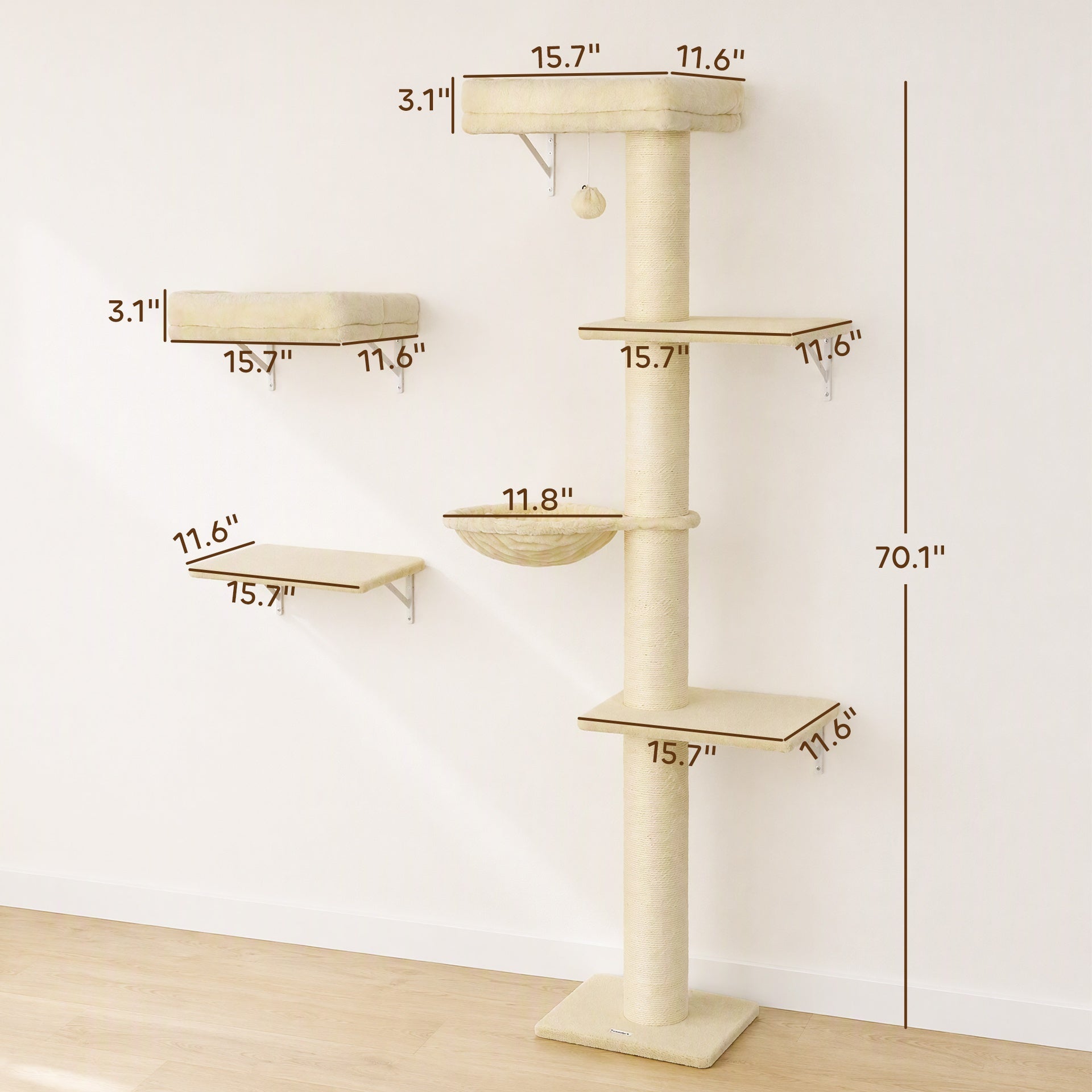 PawHut Cat Wall Shelves, 3-in-1 Cat Wall Furniture Set with Scratching Post for Indoor Kittens Climbing Sleeping, Beige