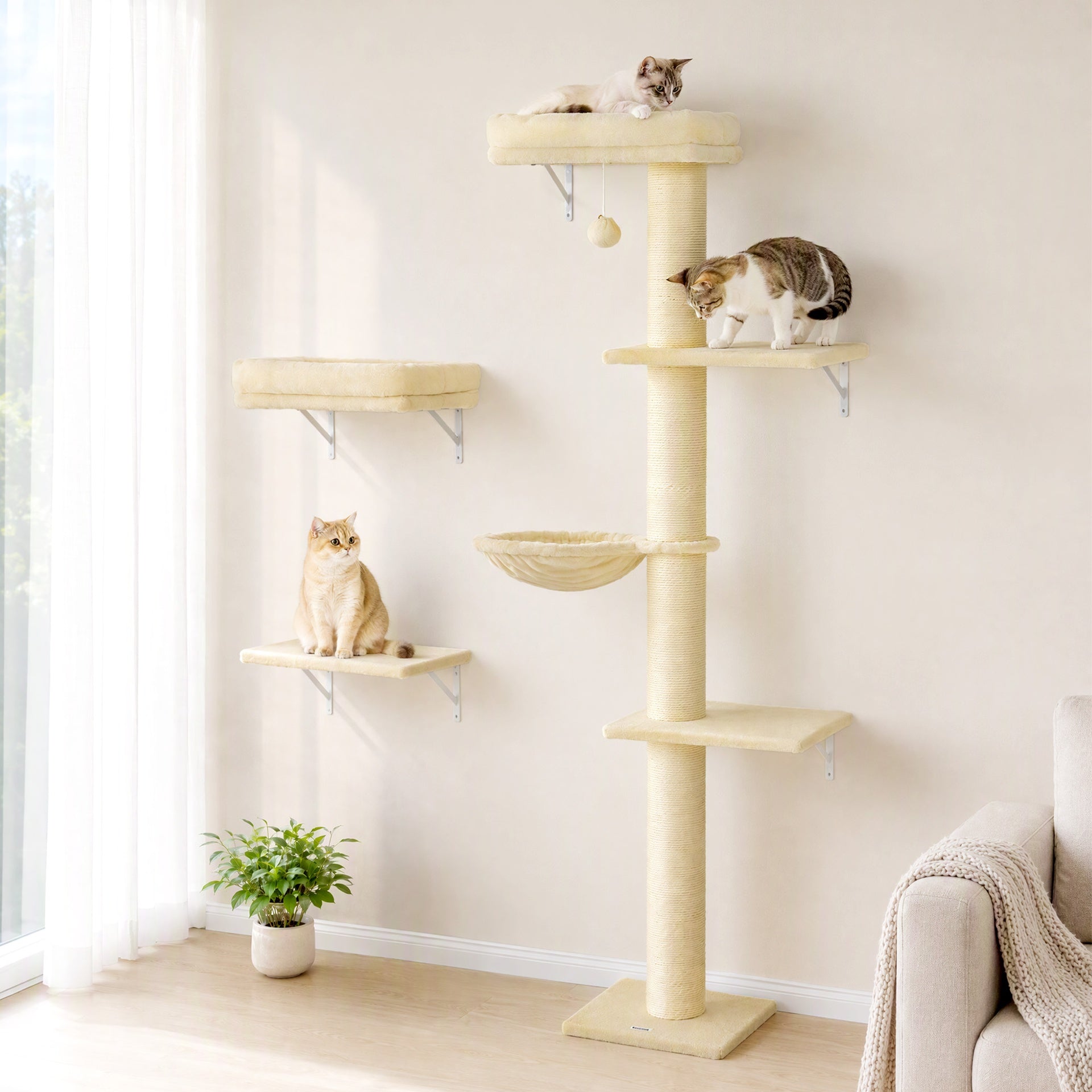 PawHut Cat Wall Shelves, 3-in-1 Cat Wall Furniture Set with Scratching Post for Indoor Kittens Climbing Sleeping, Beige