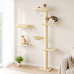 PawHut Cat Wall Shelves, 3-in-1 Cat Wall Furniture Set with Scratching Post for Indoor Kittens Climbing Sleeping, Beige