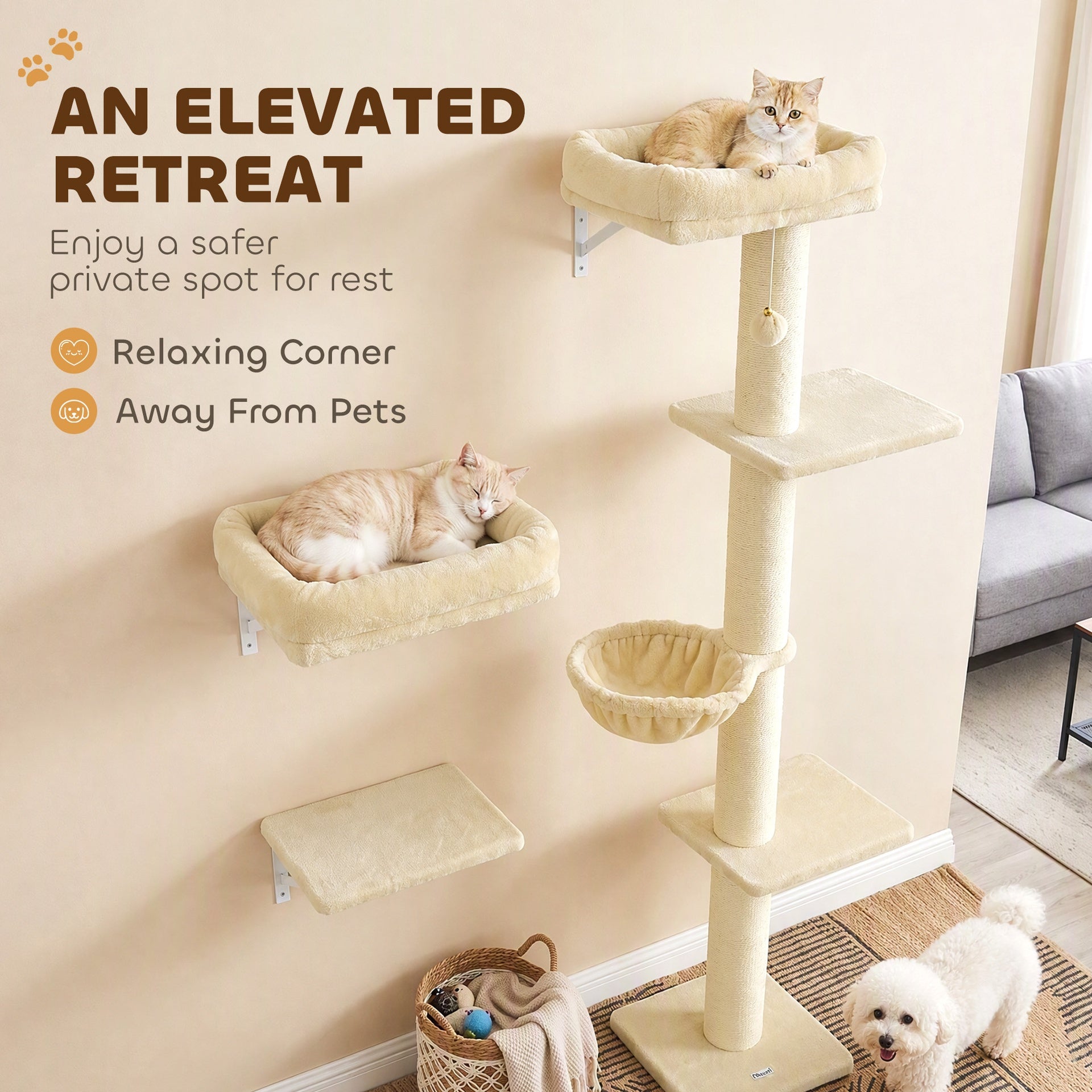 PawHut Cat Wall Shelves, 3-in-1 Cat Wall Furniture Set with Scratching Post for Indoor Kittens Climbing Sleeping, Beige