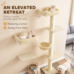 PawHut Cat Wall Shelves, 3-in-1 Cat Wall Furniture Set with Scratching Post for Indoor Kittens Climbing Sleeping, Beige