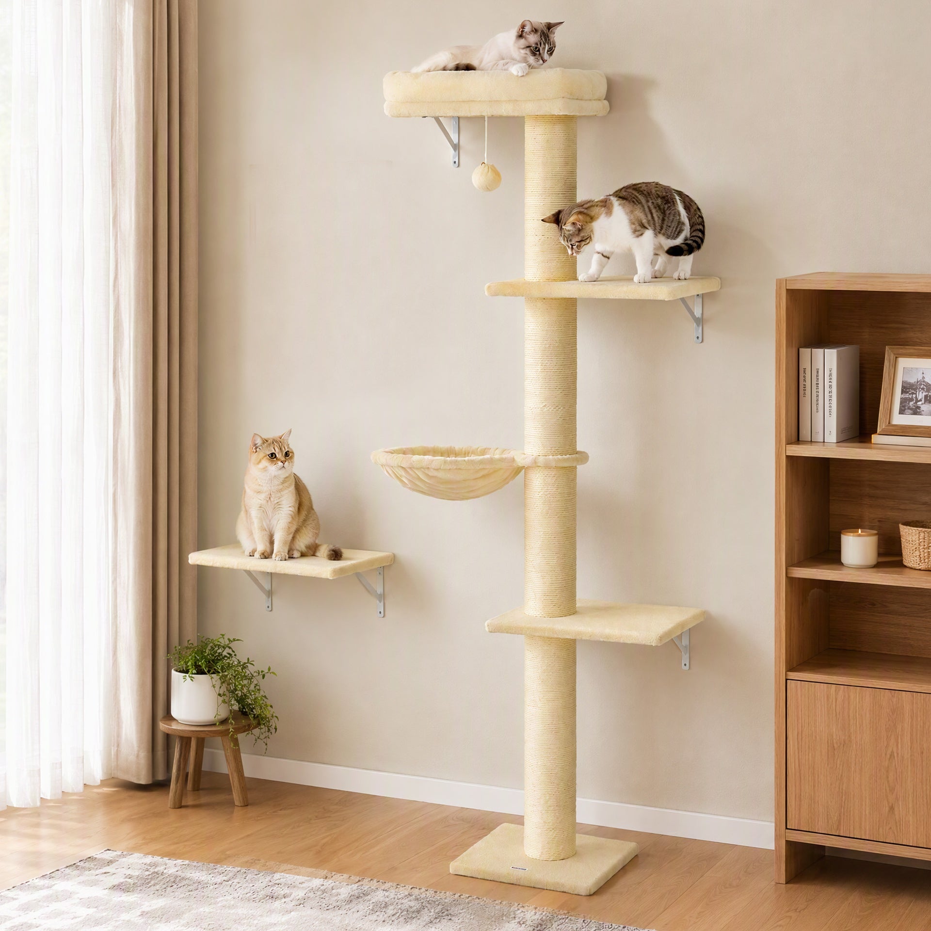 PawHut Cat Wall Shelves, 3-in-1 Cat Wall Furniture Set with Scratching Post for Indoor Kittens Climbing Sleeping, Beige