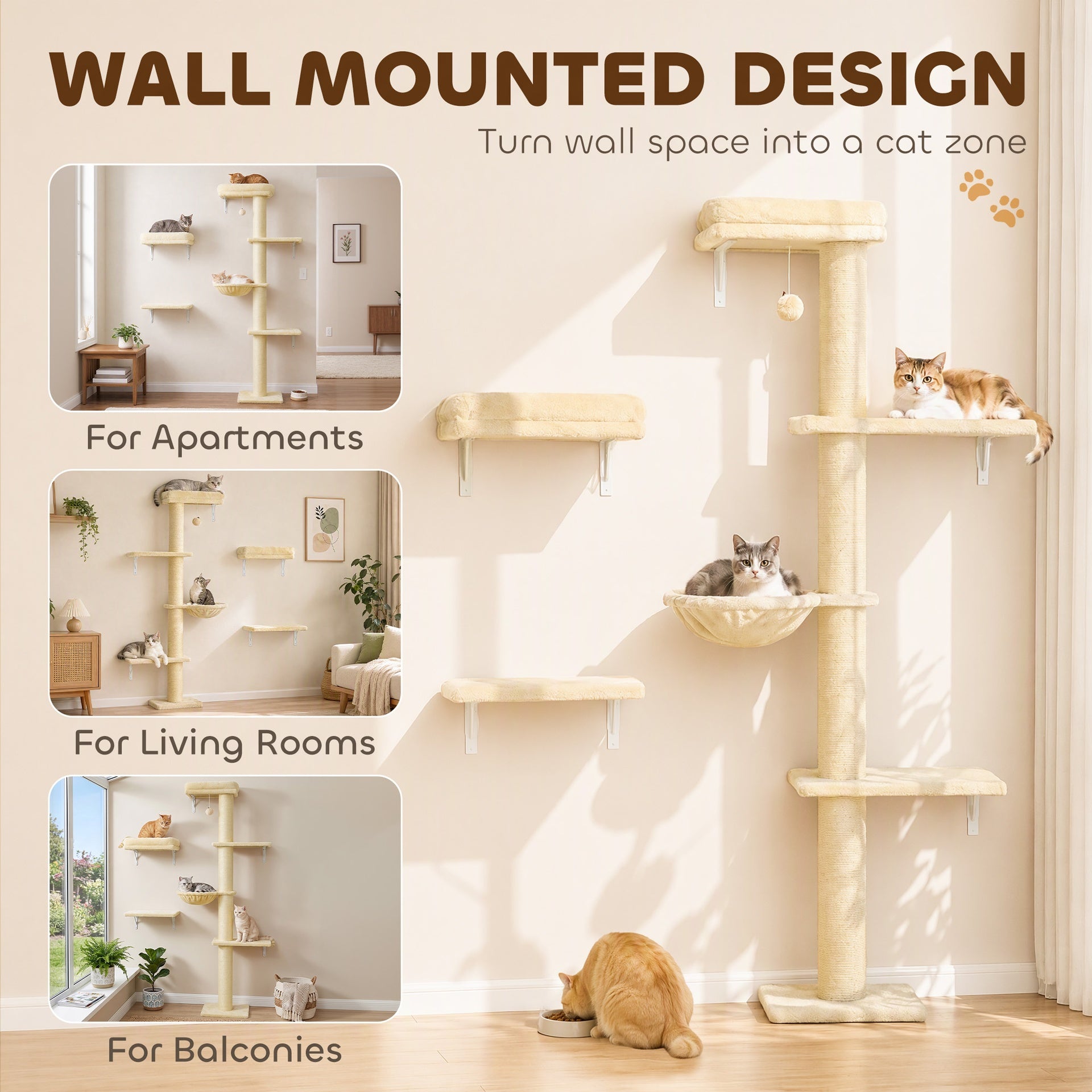 PawHut Cat Wall Shelves, 3-in-1 Cat Wall Furniture Set with Scratching Post for Indoor Kittens Climbing Sleeping, Beige