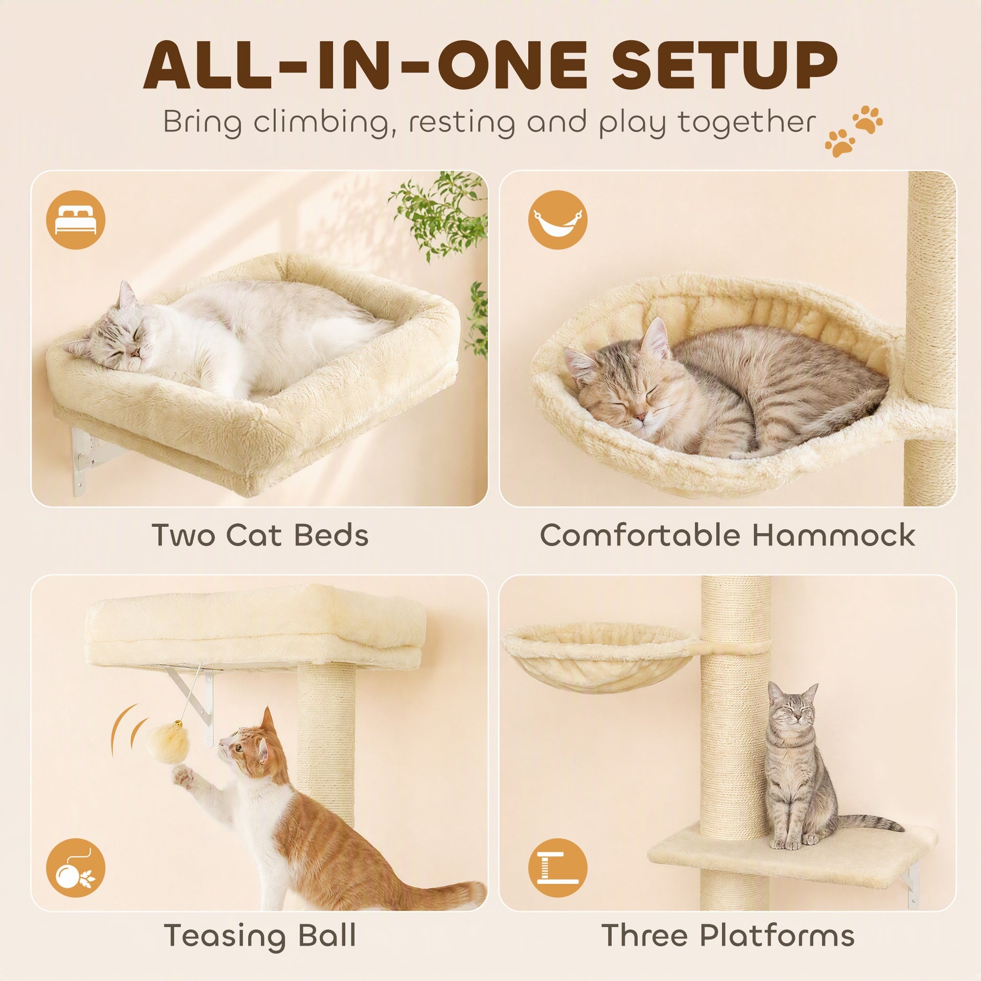 PawHut Cat Wall Shelves, 3-in-1 Cat Wall Furniture Set with Scratching Post for Indoor Kittens Climbing Sleeping, Beige