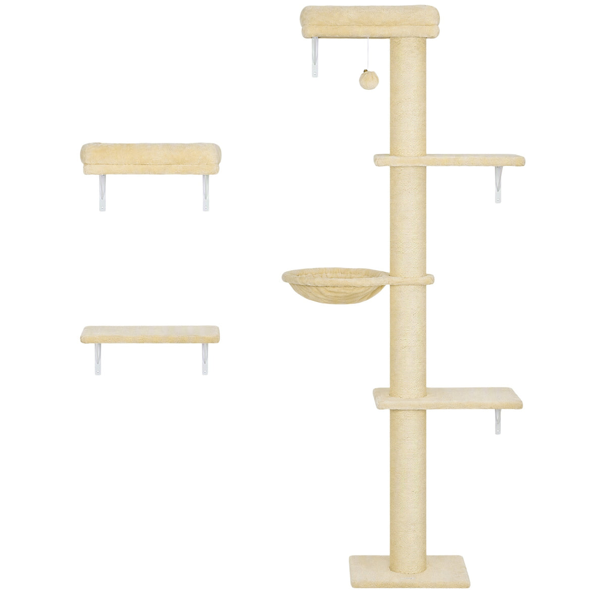 PawHut Cat Wall Shelves, 3-in-1 Cat Wall Furniture Set with Scratching Post for Indoor Kittens Climbing Sleeping, Beige