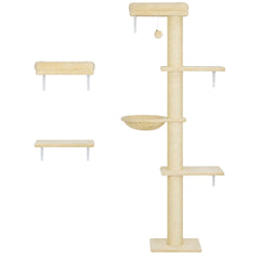 PawHut Cat Wall Shelves, 3-in-1 Cat Wall Furniture Set with Scratching Post for Indoor Kittens Climbing Sleeping, Beige