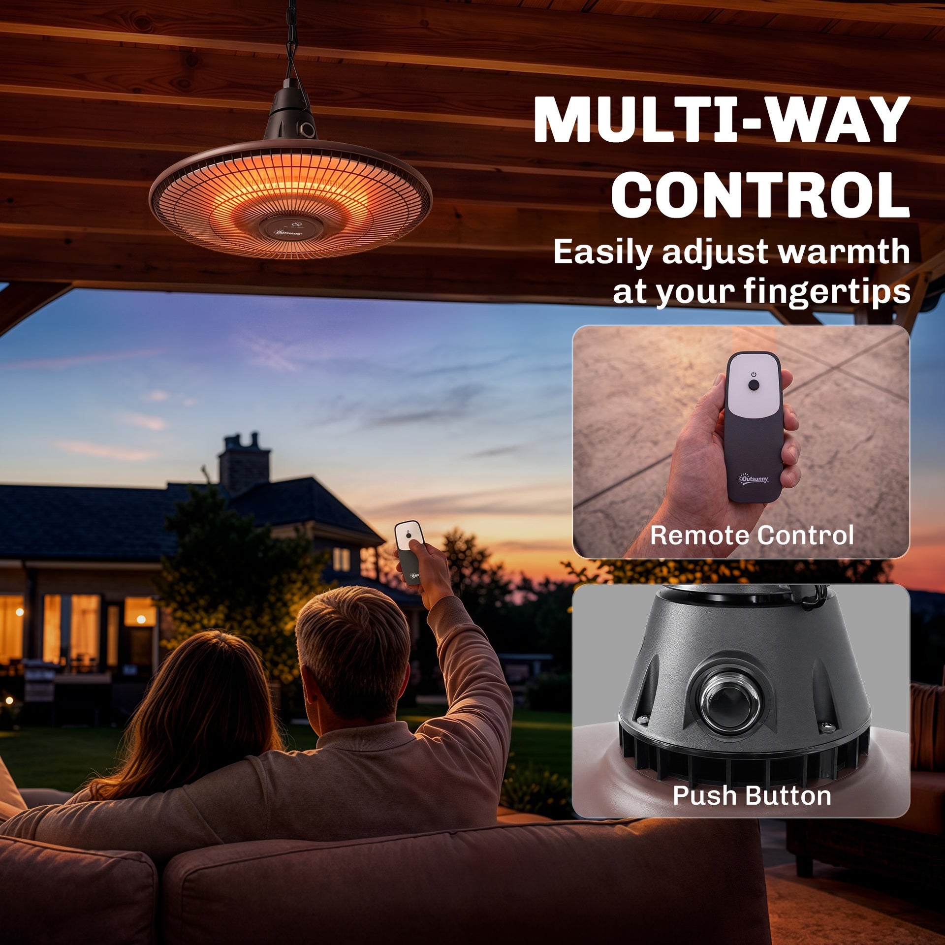 Outsunny 1500W Electric Patio Heater, IP65 Hanging Infrared Carbon Fiber Tube Outdoor Heater with Remote Control, Brown