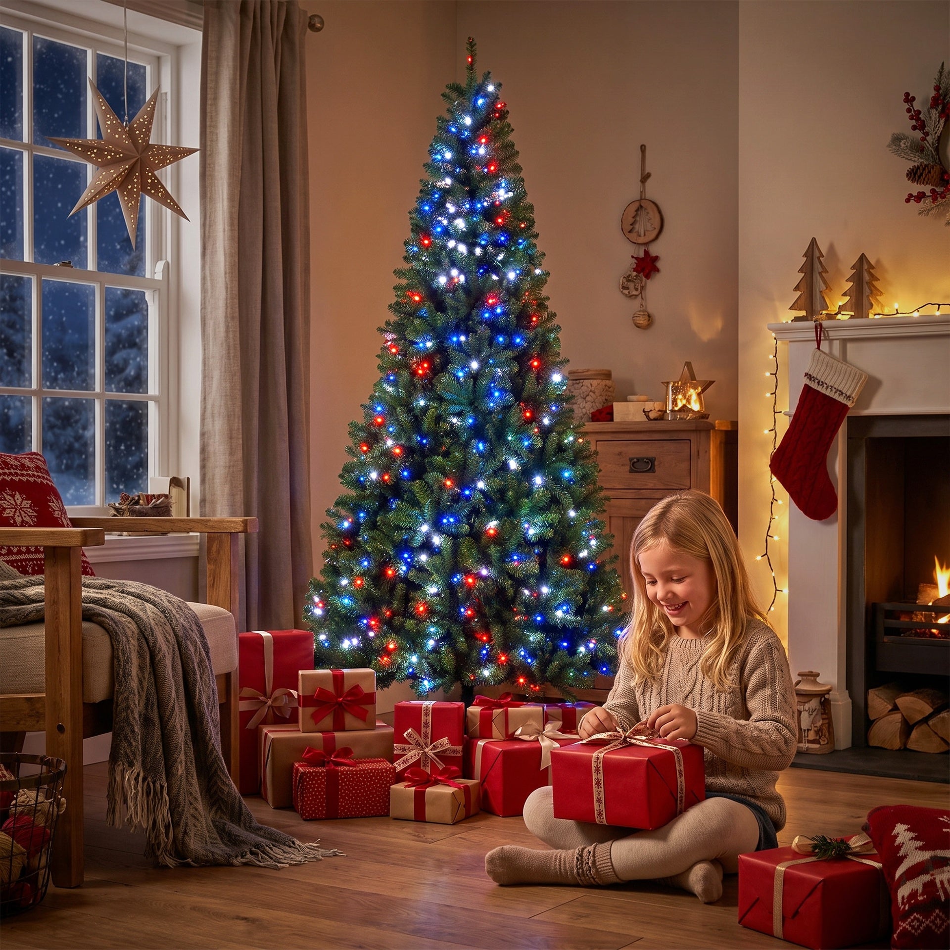 HOMCOM 9ft Prelit Christmas Tree with RGB Dynamic LEDs, Remote Control, Daily Timer, Hinged Xmas Tree, Easy Assembly