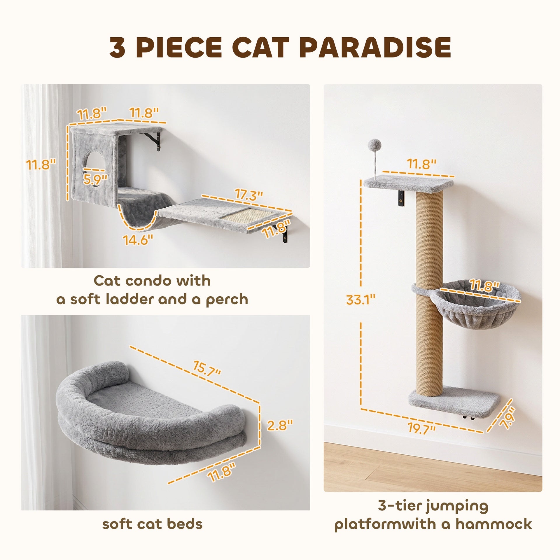 PawHut 3-In-1 Cat Wall Shelves with Condo, Bed, Hammock, Scratching Post and Spring Ball, Gray
