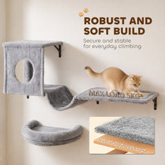 PawHut 3-In-1 Cat Wall Shelves with Condo, Bed, Hammock, Scratching Post and Spring Ball, Gray