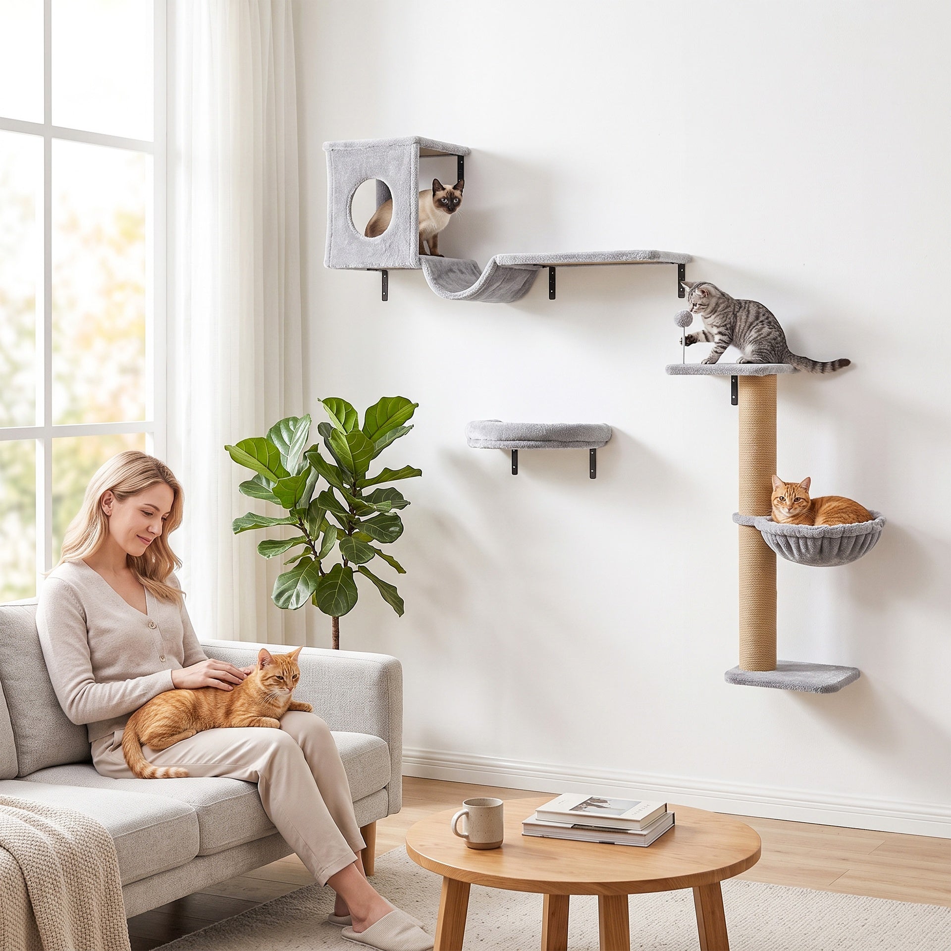 PawHut 3-In-1 Cat Wall Shelves with Condo, Bed, Hammock, Scratching Post and Spring Ball, Gray