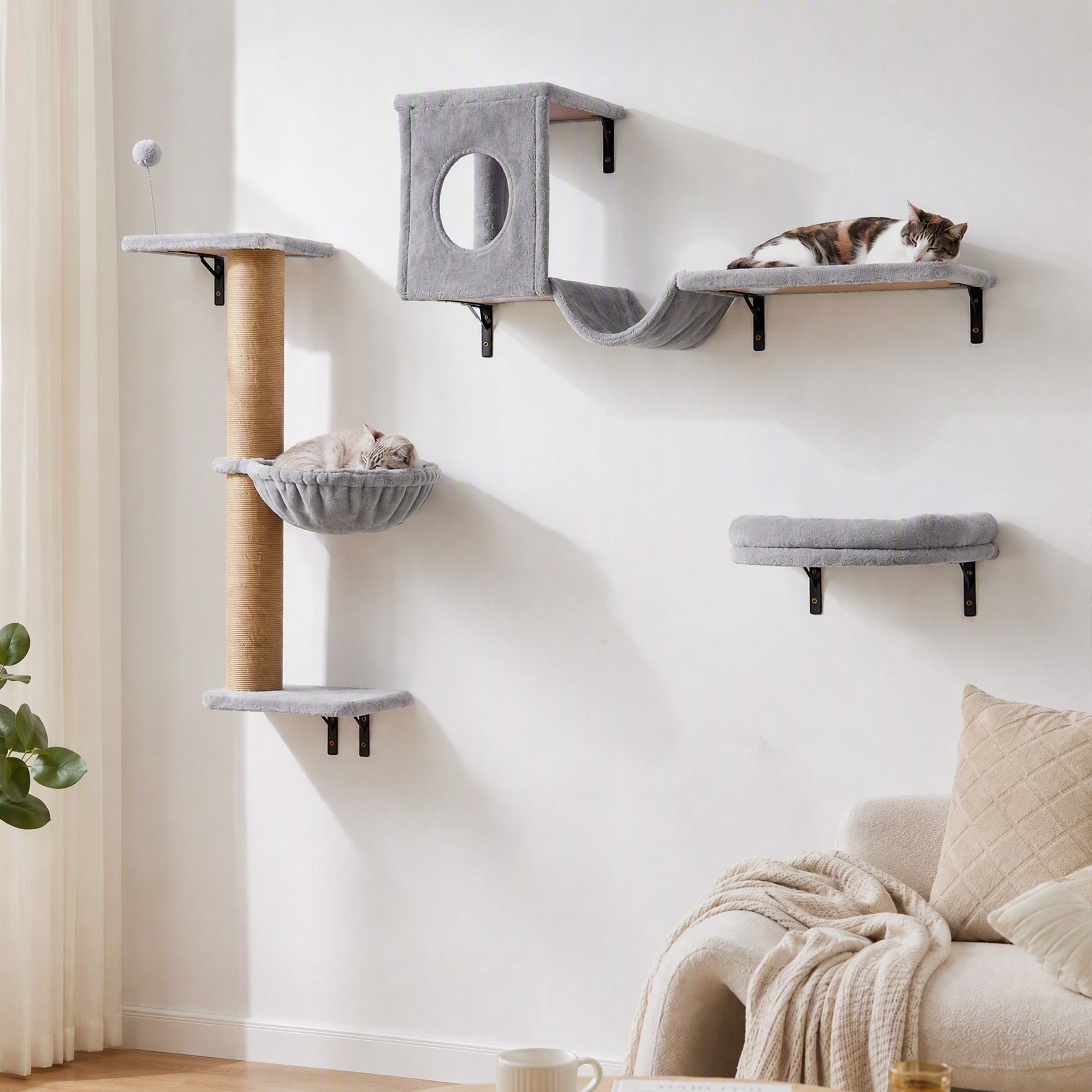 PawHut 3-In-1 Cat Wall Shelves with Condo, Bed, Hammock, Scratching Post and Spring Ball, Gray