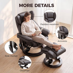 HOMCOM Massage Recliner Chair with Footrest, Swivel Armchair, Wrapped Wood Base, 10 Massage Points, Faux Leather, Brown