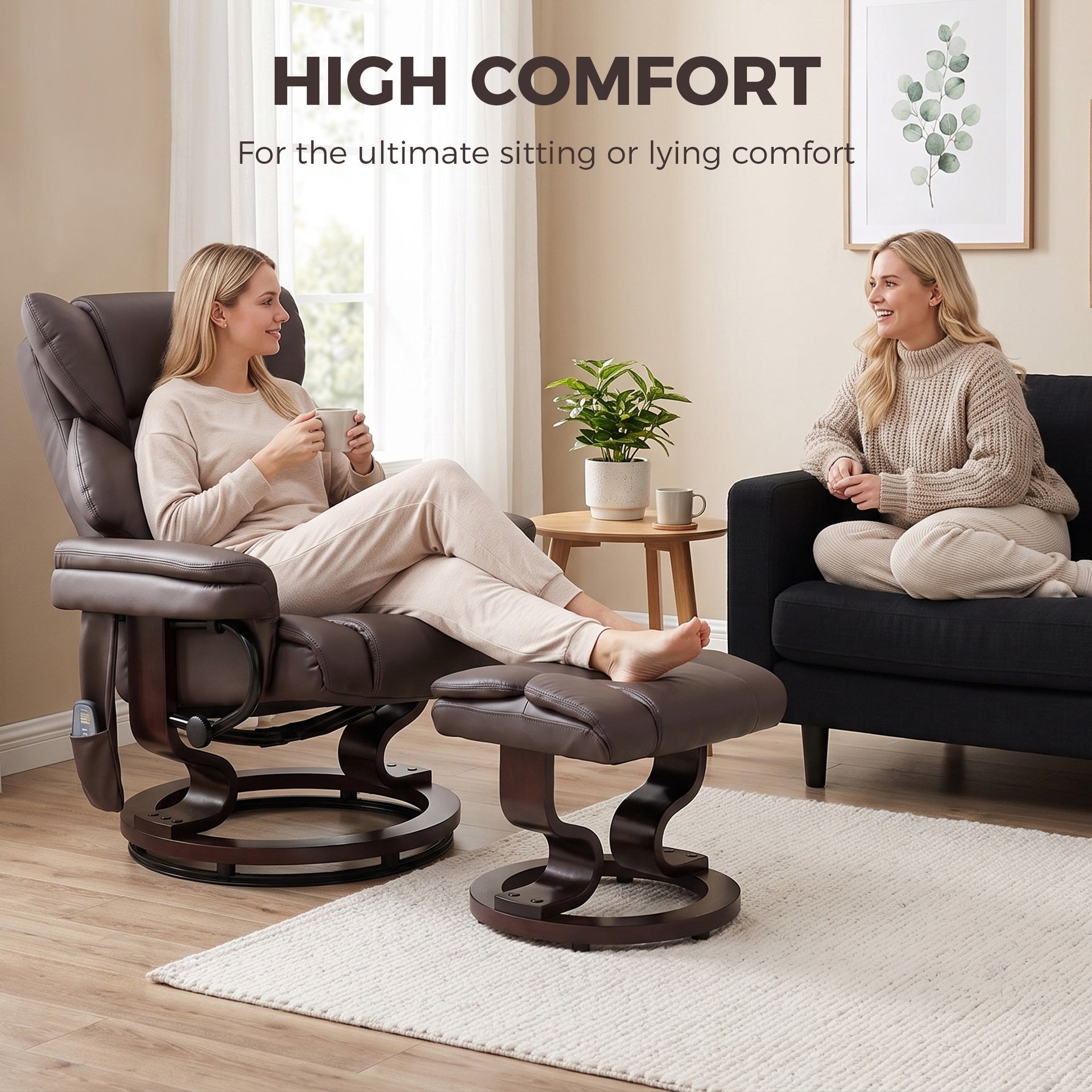 HOMCOM Massage Recliner Chair with Footrest, Swivel Armchair, Wrapped Wood Base, 10 Massage Points, Faux Leather, Brown