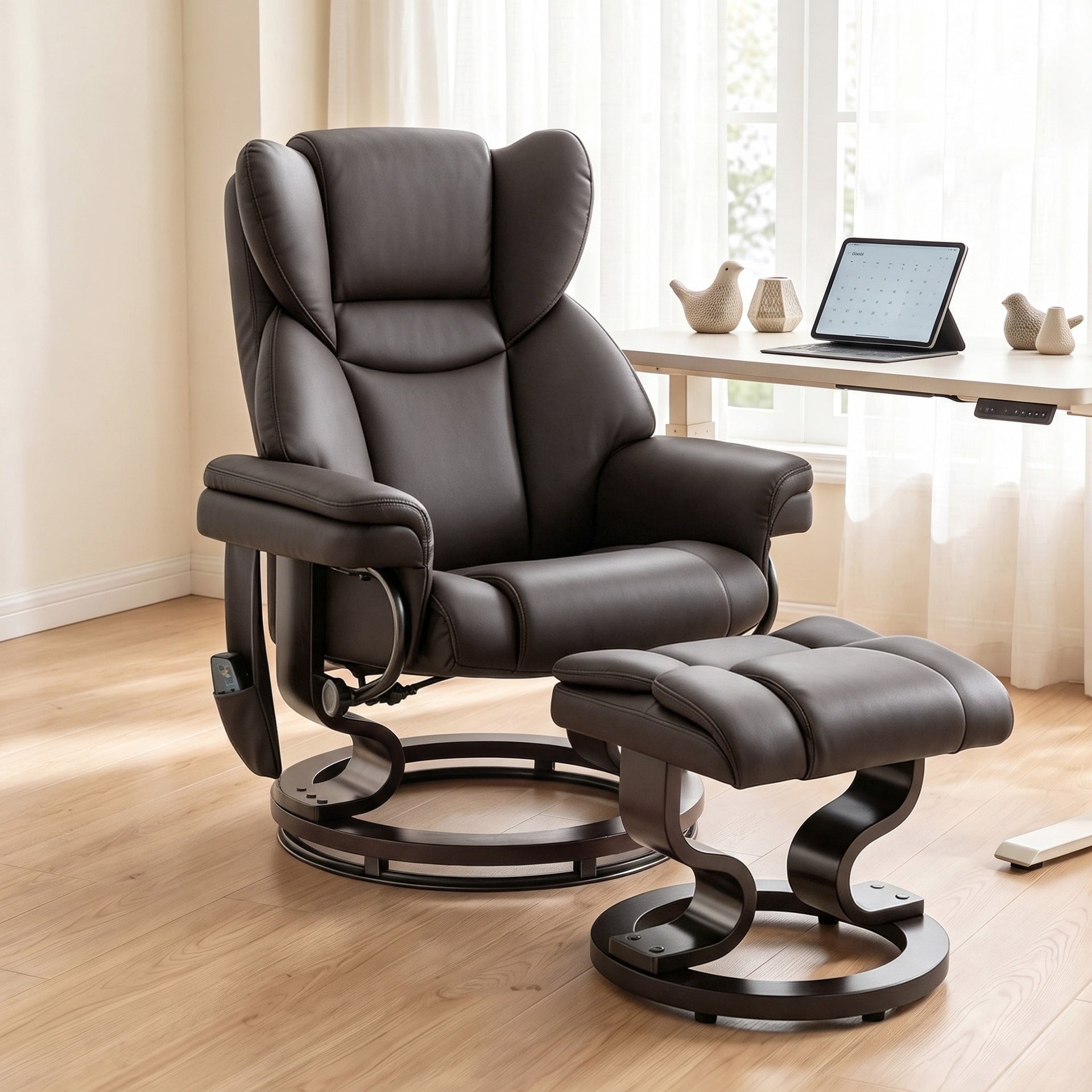 HOMCOM Massage Recliner Chair with Footrest, Swivel Armchair, Wrapped Wood Base, 10 Massage Points, Faux Leather, Brown
