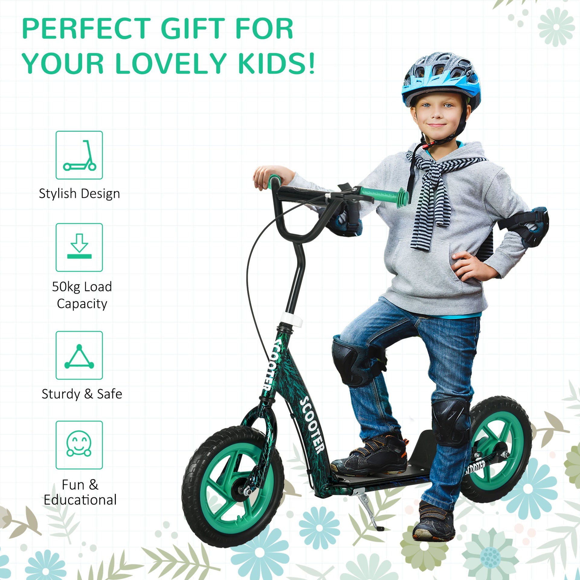 Qaba Kids Scooter with Adjustable Handlebar, Kids Kick Scooter with Non-slip Footplate, Rear Brake, 12" EVA Wheels, Green