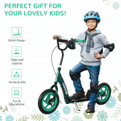 Qaba Kids Scooter with Adjustable Handlebar, Kids Kick Scooter with Non-slip Footplate, Rear Brake, 12" EVA Wheels, Green