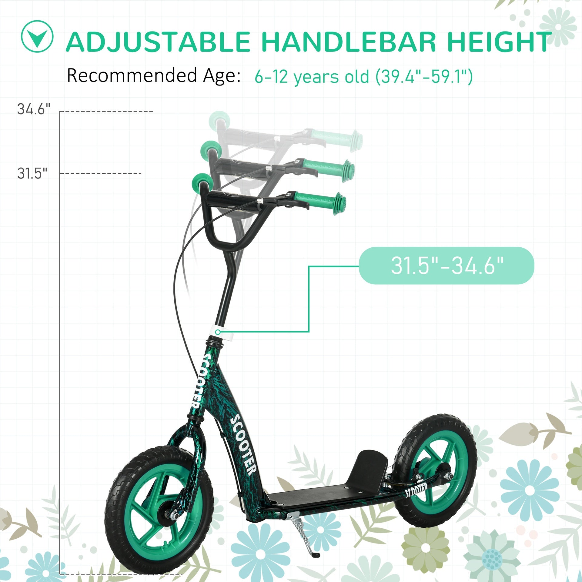 Qaba Kids Scooter with Adjustable Handlebar, Kids Kick Scooter with Non-slip Footplate, Rear Brake, 12" EVA Wheels, Green