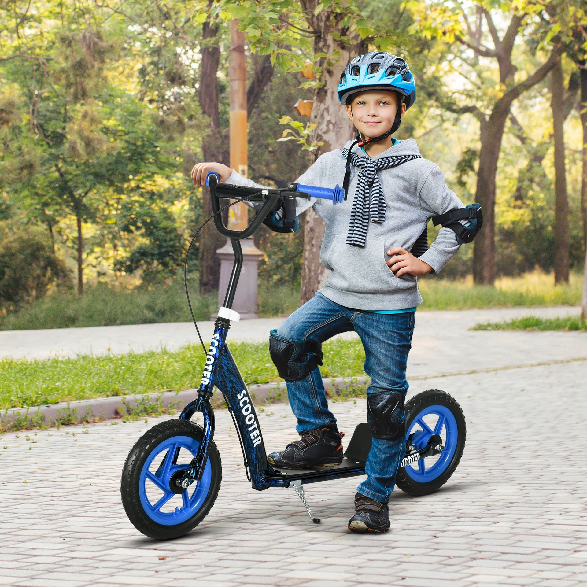 Qaba Kids Scooter with Adjustable Handlebar, Kids Kick Scooter with Non-slip Footplate, Rear Brake, 12" EVA Wheels, Blue