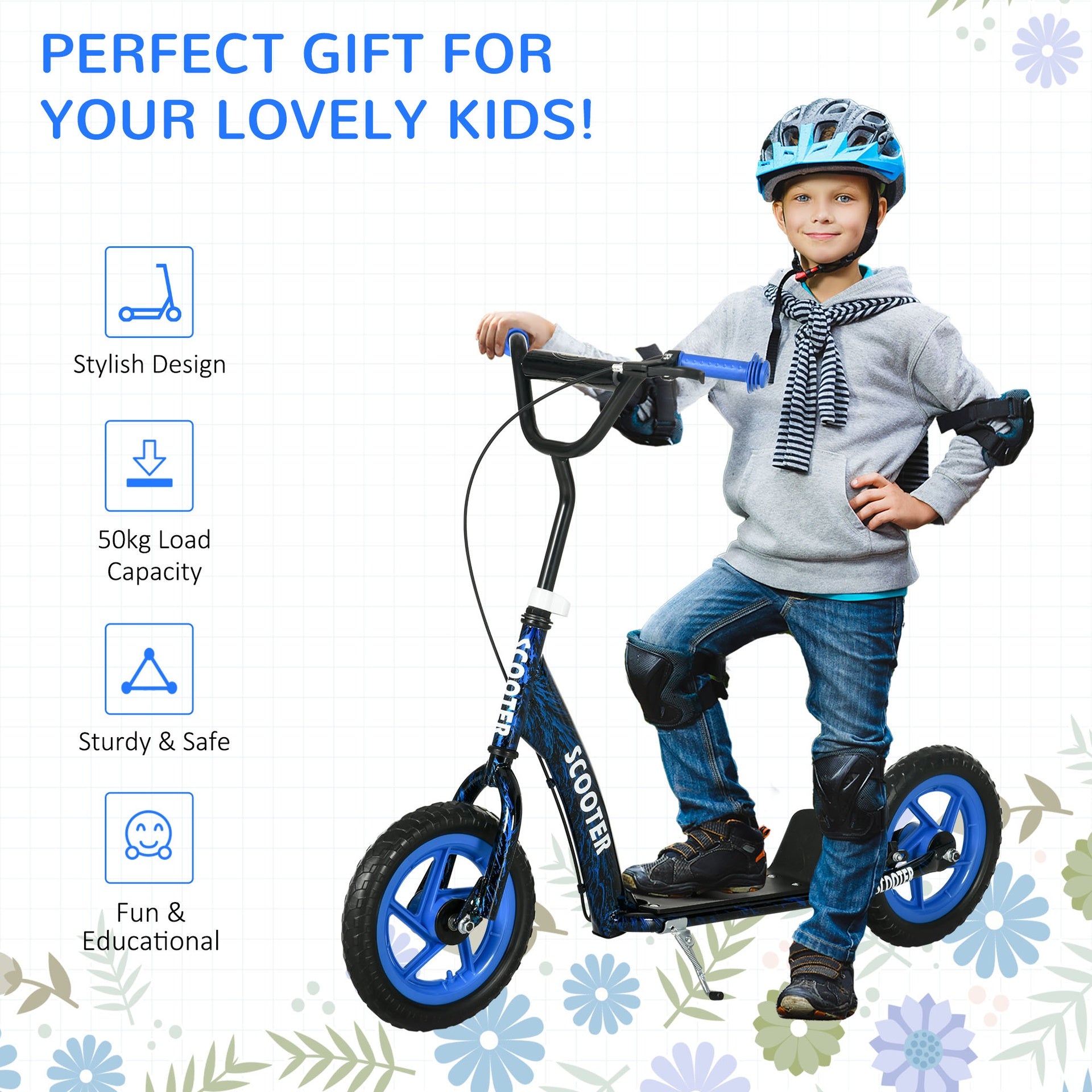 Qaba Kids Scooter with Adjustable Handlebar, Kids Kick Scooter with Non-slip Footplate, Rear Brake, 12" EVA Wheels, Blue