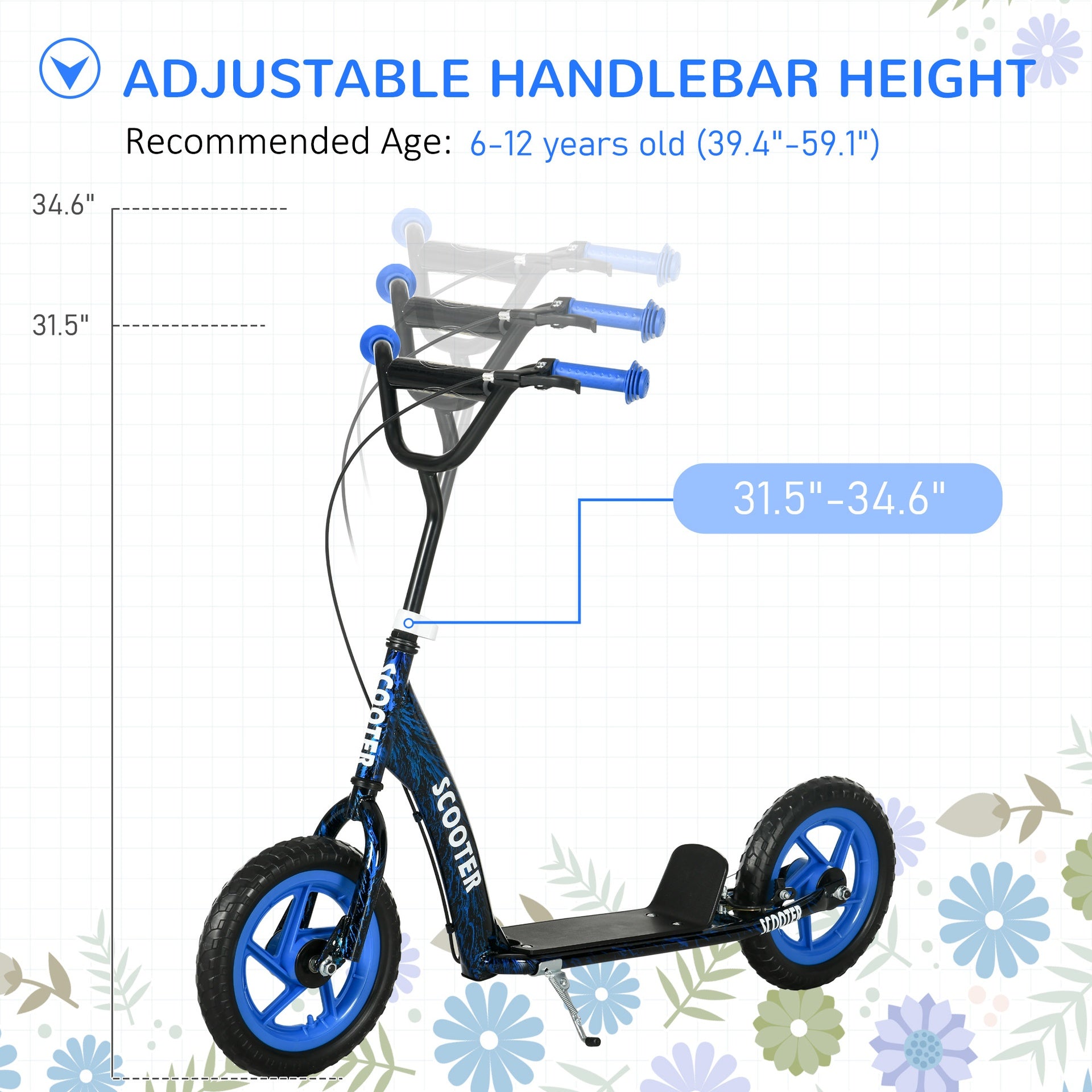Qaba Kids Scooter with Adjustable Handlebar, Kids Kick Scooter with Non-slip Footplate, Rear Brake, 12" EVA Wheels, Blue