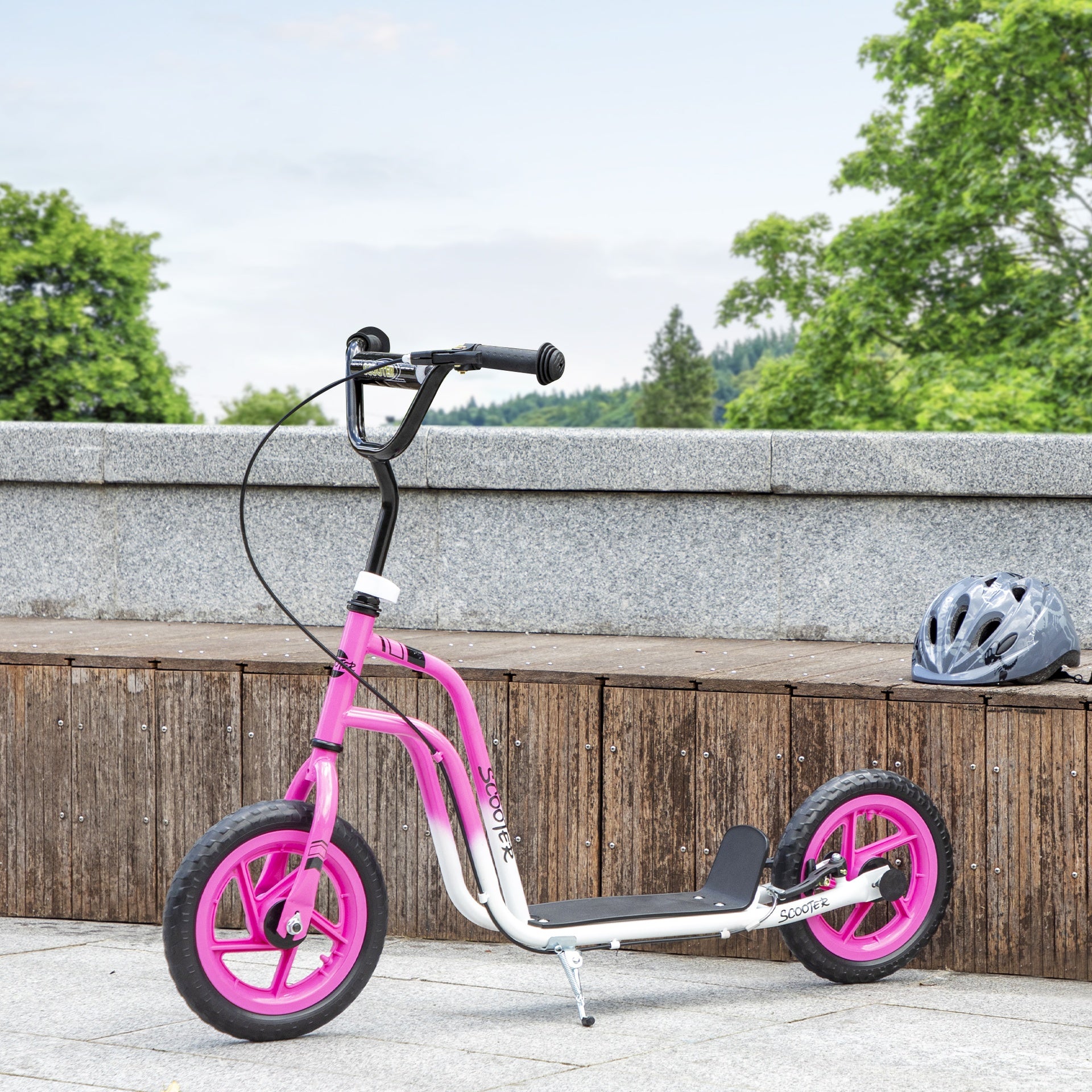 Qaba Kids Scooter, Lightweight Scooter with Adjustable Handlebar, Rear Brake, Kickstand, 12" EVA Wheels, for 5-12 Y, Pink