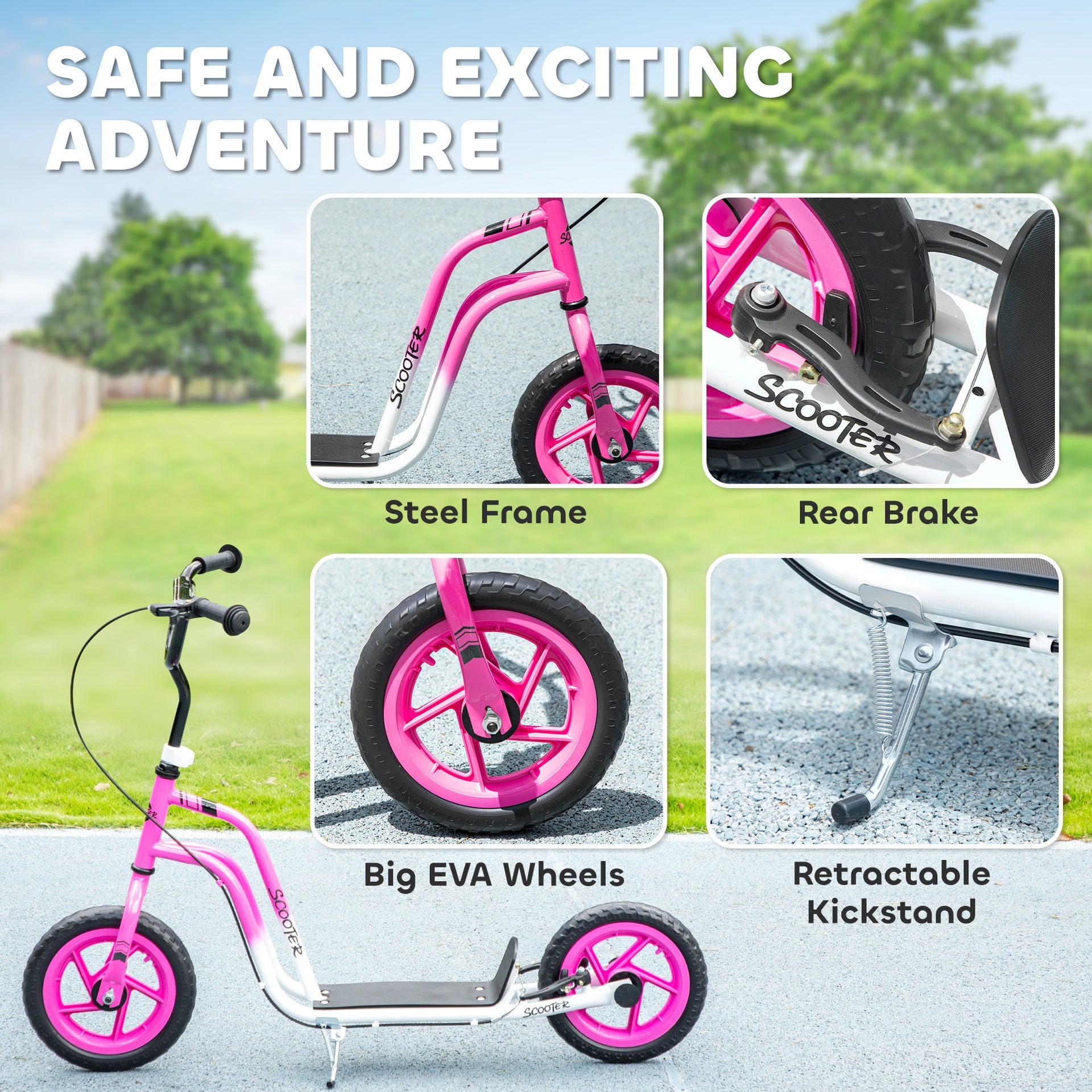Qaba Kids Scooter, Lightweight Scooter with Adjustable Handlebar, Rear Brake, Kickstand, 12" EVA Wheels, for 5-12 Y, Pink