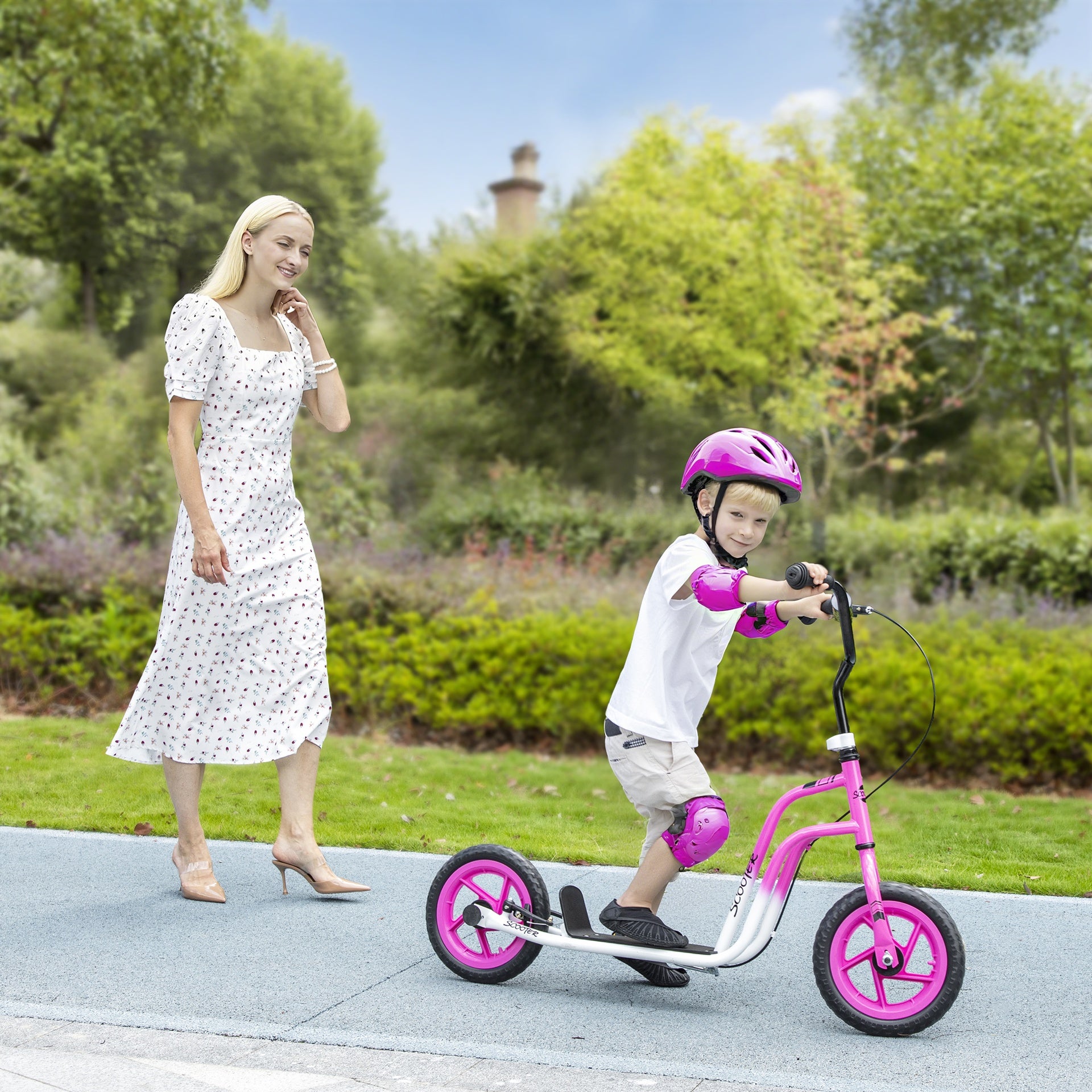 Qaba Kids Scooter, Lightweight Scooter with Adjustable Handlebar, Rear Brake, Kickstand, 12" EVA Wheels, for 5-12 Y, Pink