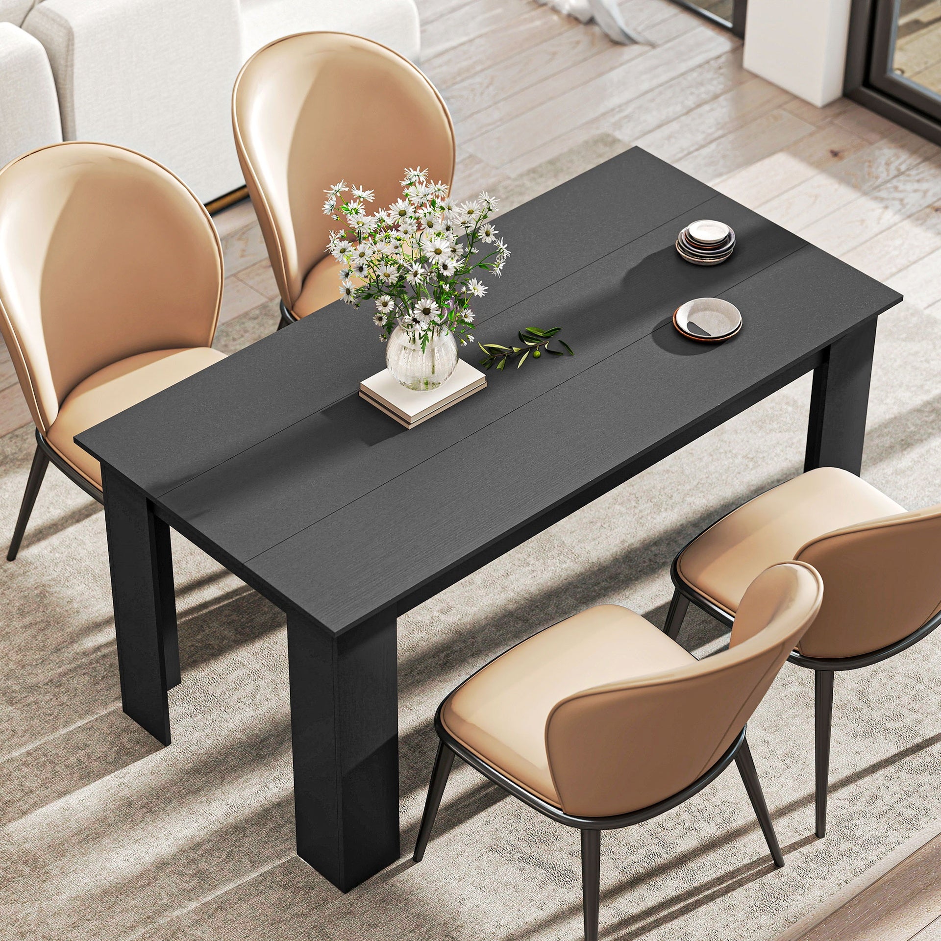 HOMCOM 63" Dining Table for 4-6 People, Modern Rectangular Kitchen Table for Dining Room, Living Room, Black Wood Effect