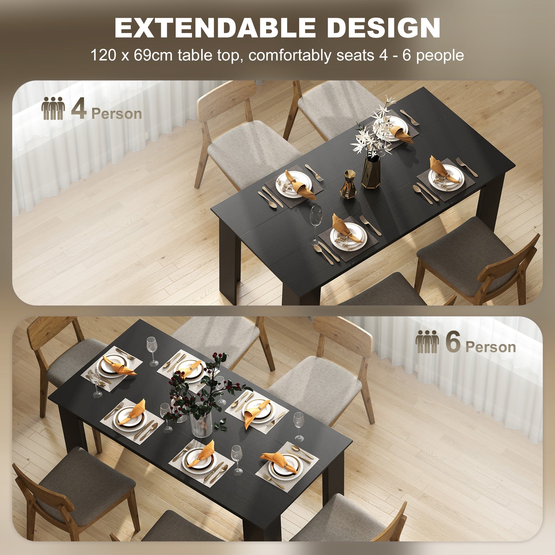 HOMCOM 63" Dining Table for 4-6 People, Modern Rectangular Kitchen Table for Dining Room, Living Room, Black Wood Effect