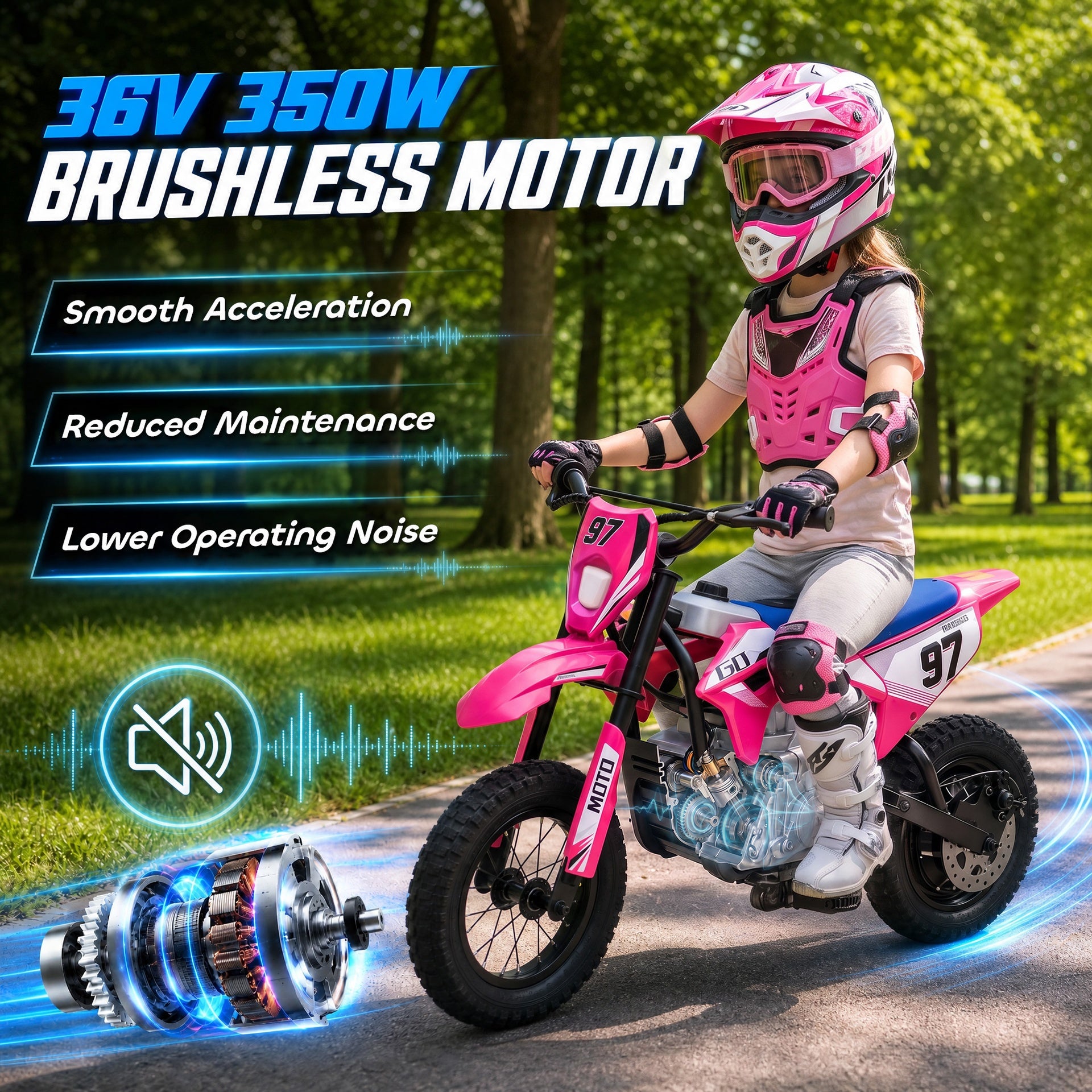 Qaba 36V Electric Dirt Bike for Kids with Brushless Motor, Up to 9.9 MPH, Inflatable Tires and Rear Suspension, Pink