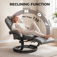 HOMCOM Faux Leather Manual Recliner, Swivel Lounge Chair with Adjustable Backrest, Footrest and Round Base, Gray