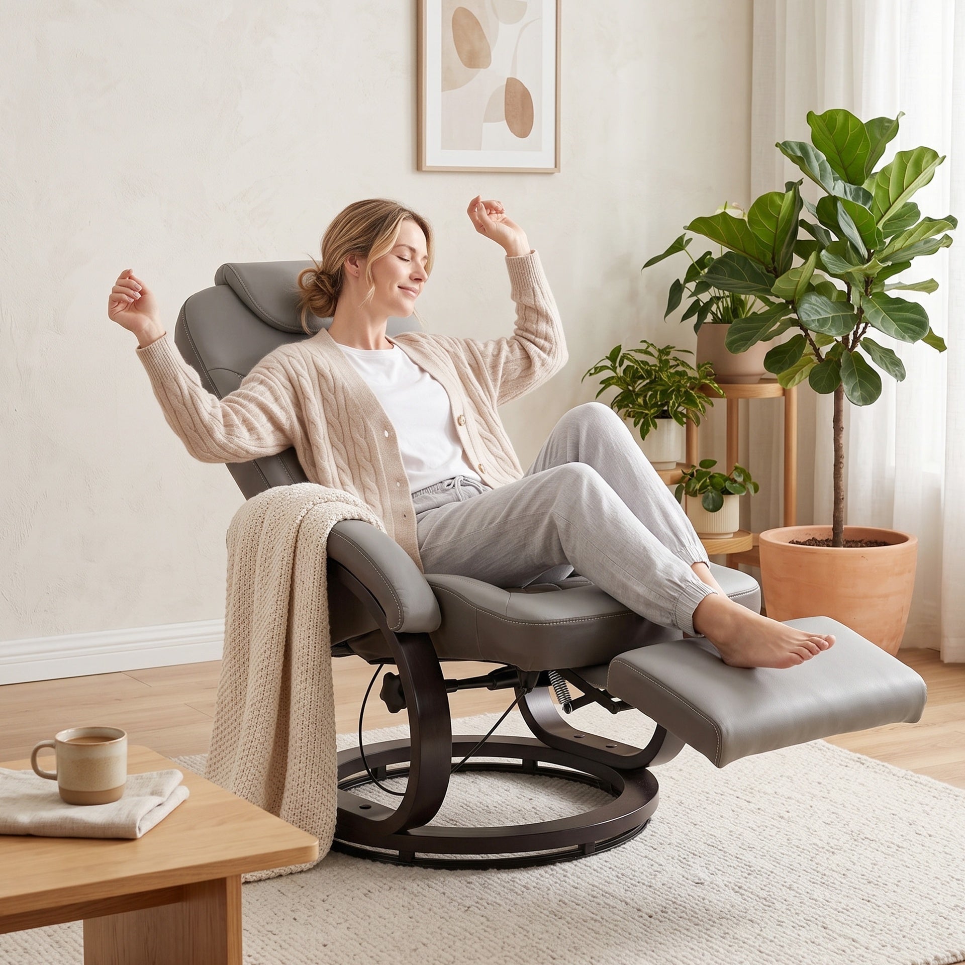 HOMCOM Faux Leather Manual Recliner, Swivel Lounge Chair with Adjustable Backrest, Footrest and Round Base, Gray