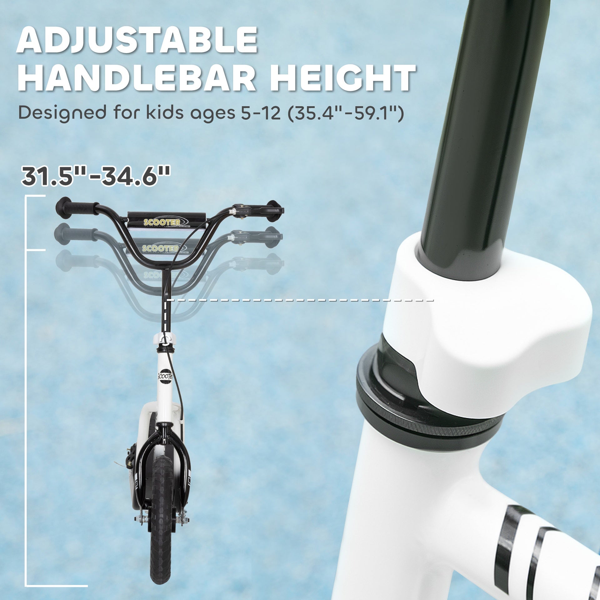Qaba Kids Scooter, Lightweight Scooter with Adjustable Handlebar, Rear Brake, Kickstand, 12" EVA Wheels, for 5-12 Y, White