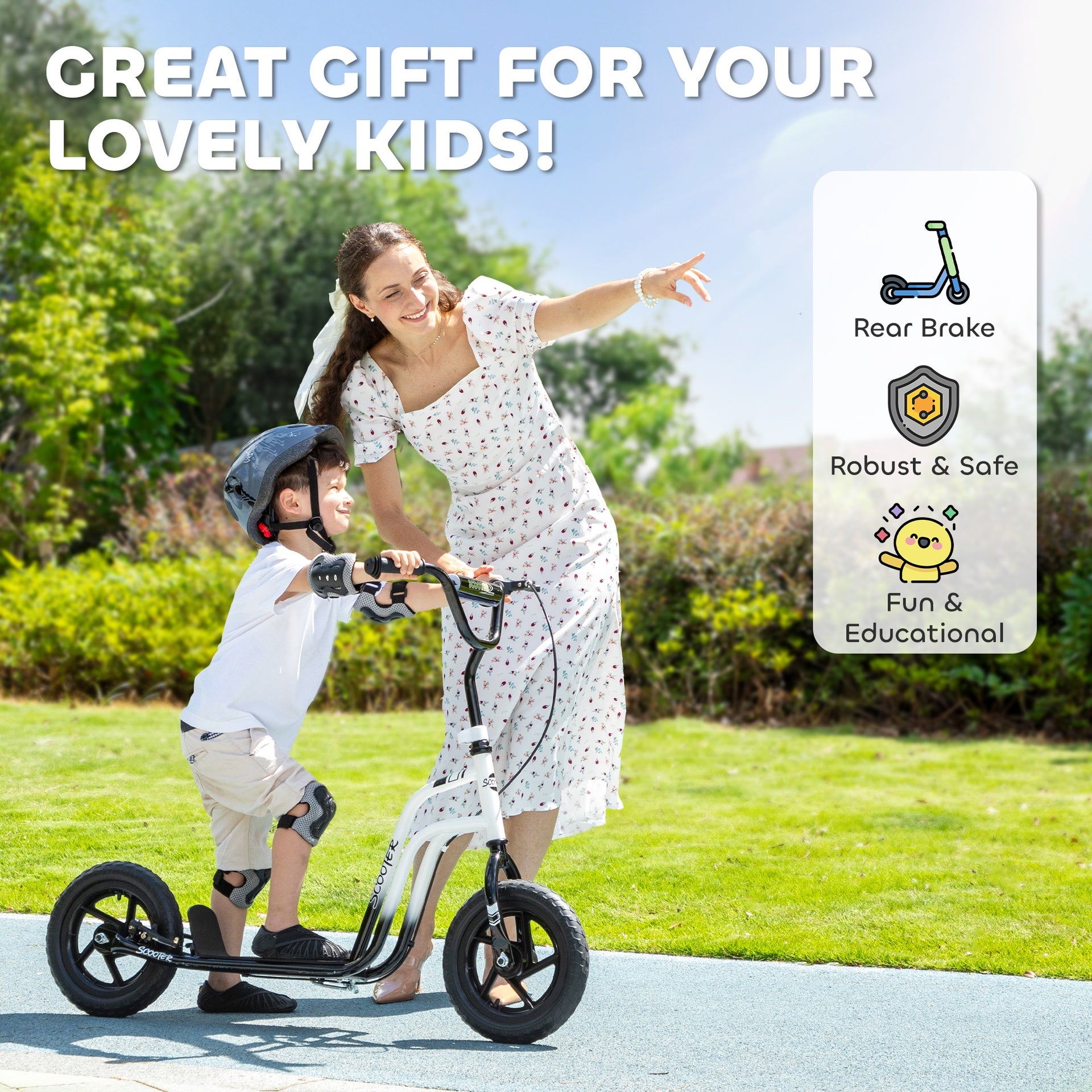 Qaba Kids Scooter, Lightweight Scooter with Adjustable Handlebar, Rear Brake, Kickstand, 12" EVA Wheels, for 5-12 Y, White