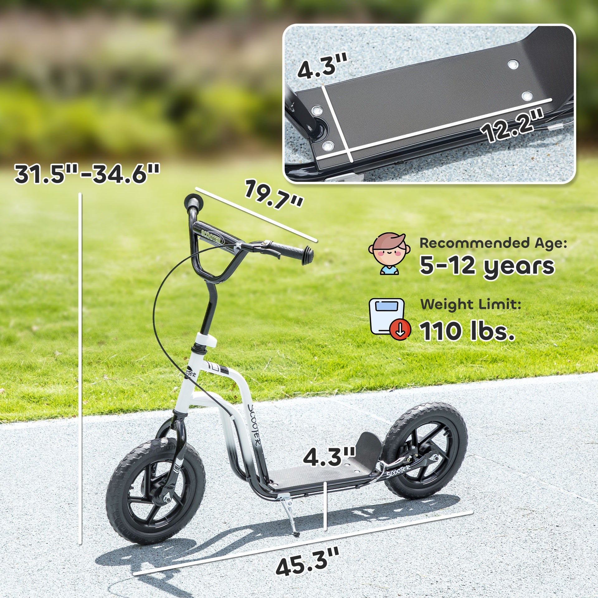 Qaba Kids Scooter, Lightweight Scooter with Adjustable Handlebar, Rear Brake, Kickstand, 12" EVA Wheels, for 5-12 Y, White