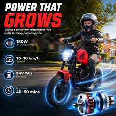 Qaba 24V Kids Electric Motorcycle with 180W Motor, 12" Rubber Tires, Up to 11MPH, Twist Throttle for Ages 6-12, Red