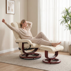HOMCOM Swivel Recliner with Ottoman Massage, Recliner Chair and Ottoman, Faux Leather Reclining Chair with Remote, Cream White